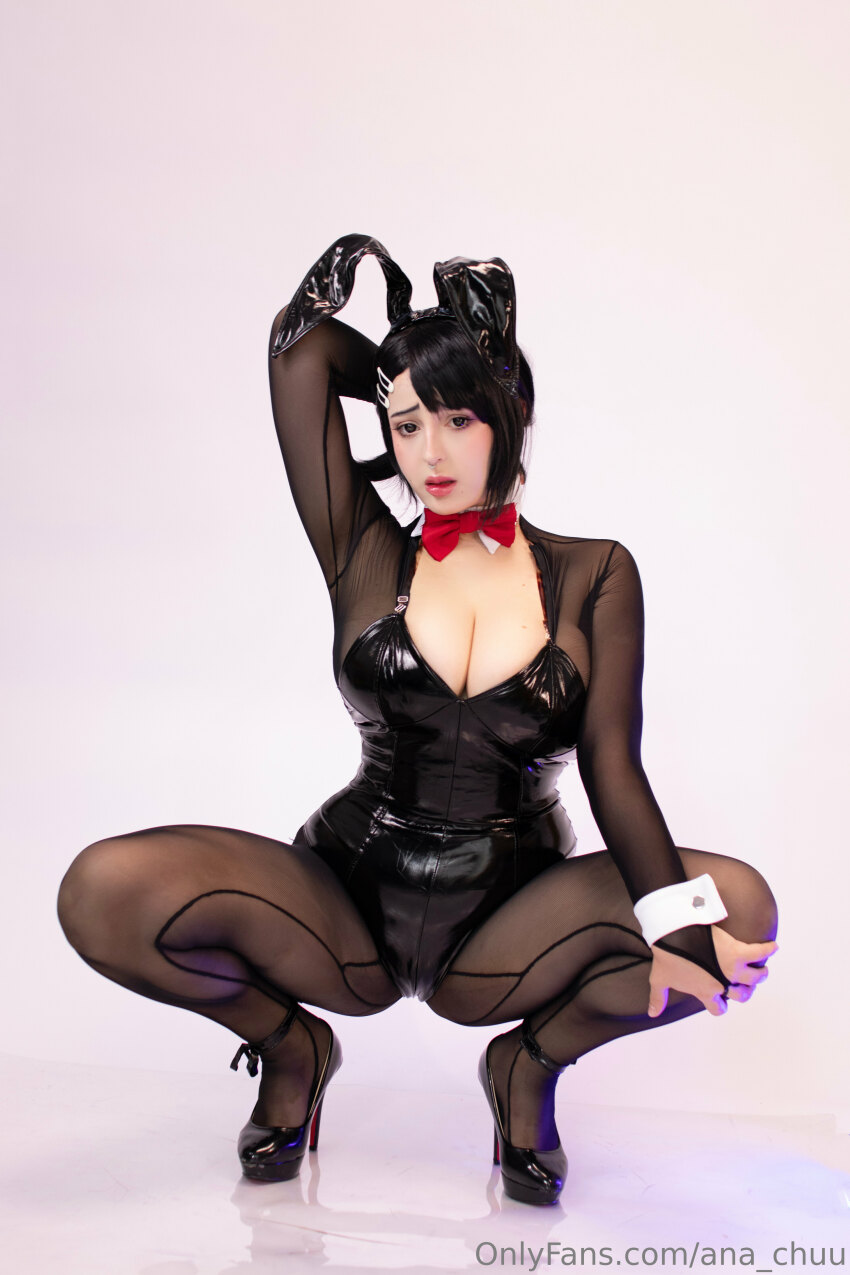 1girl ana_chuu black_hair bunny_ears bunny_girl chainsaw_man cosplay female female_only higashiyama_kobeni kobeni_higashiyama light-skinned_female long_hair looking_at_viewer makeup playboy_bunny solo solo_female teasing