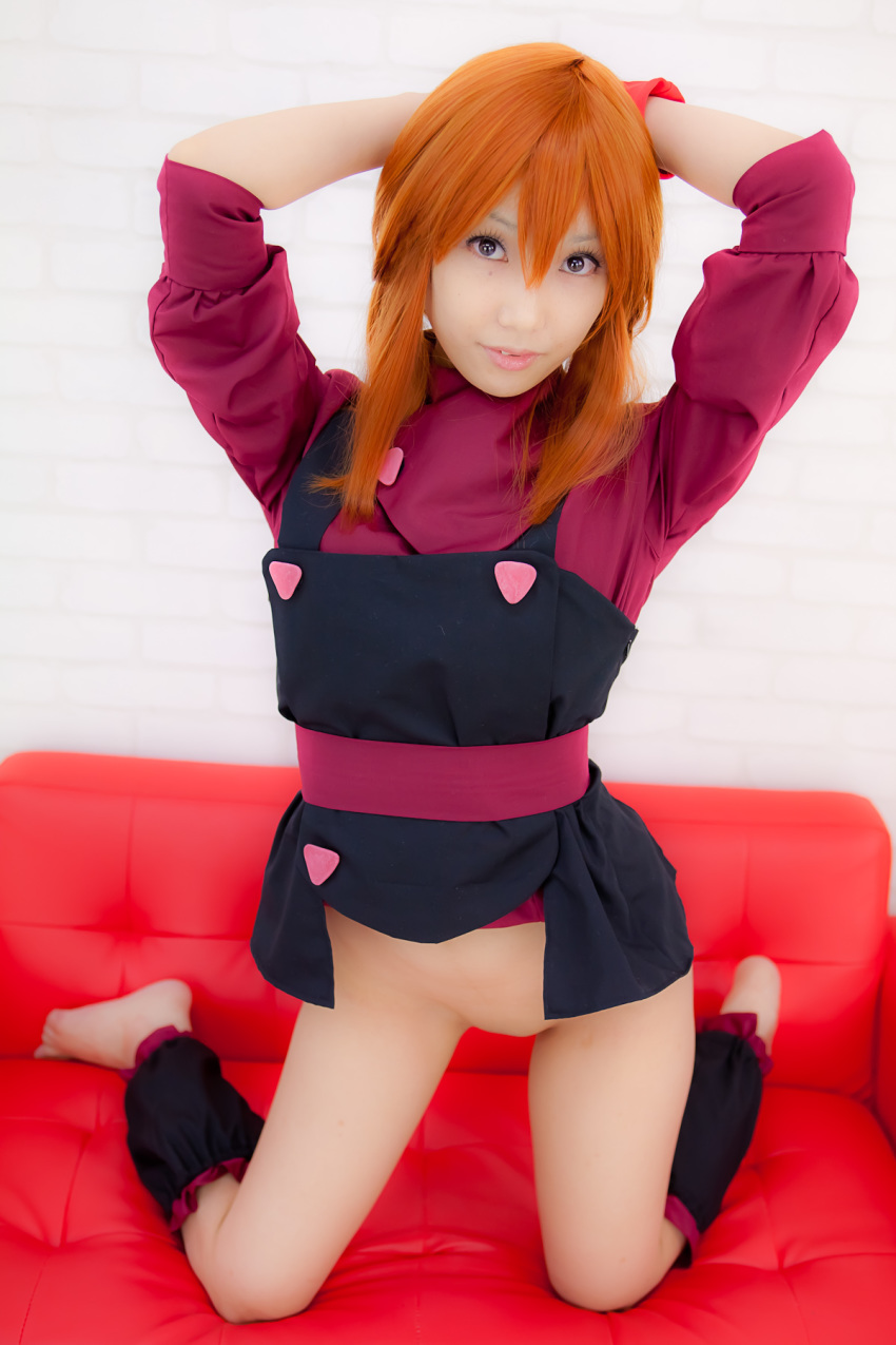 apron asian belt breasts cosplay female long_hair orange_hair sandals shoes solo