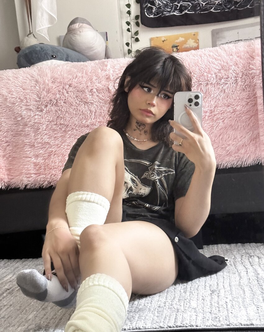 bottomless brunette clothed kianavi legs mirror mirror_selfie non-nude on_floor selfie sitting socks solo solo_focus thighs trans trans_female transgender