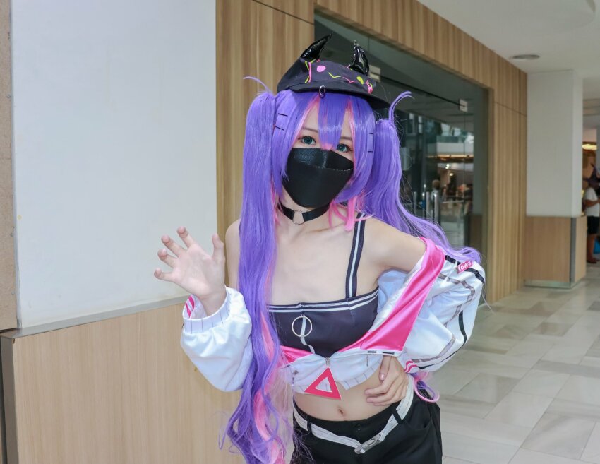 1girl asian asian_female contact_lens cosplay crop_top face_mask facemask female female_focus female_only hat hololive jacket mask petite purple_hair shorts sole_female tokoyami_towa vtuber wig