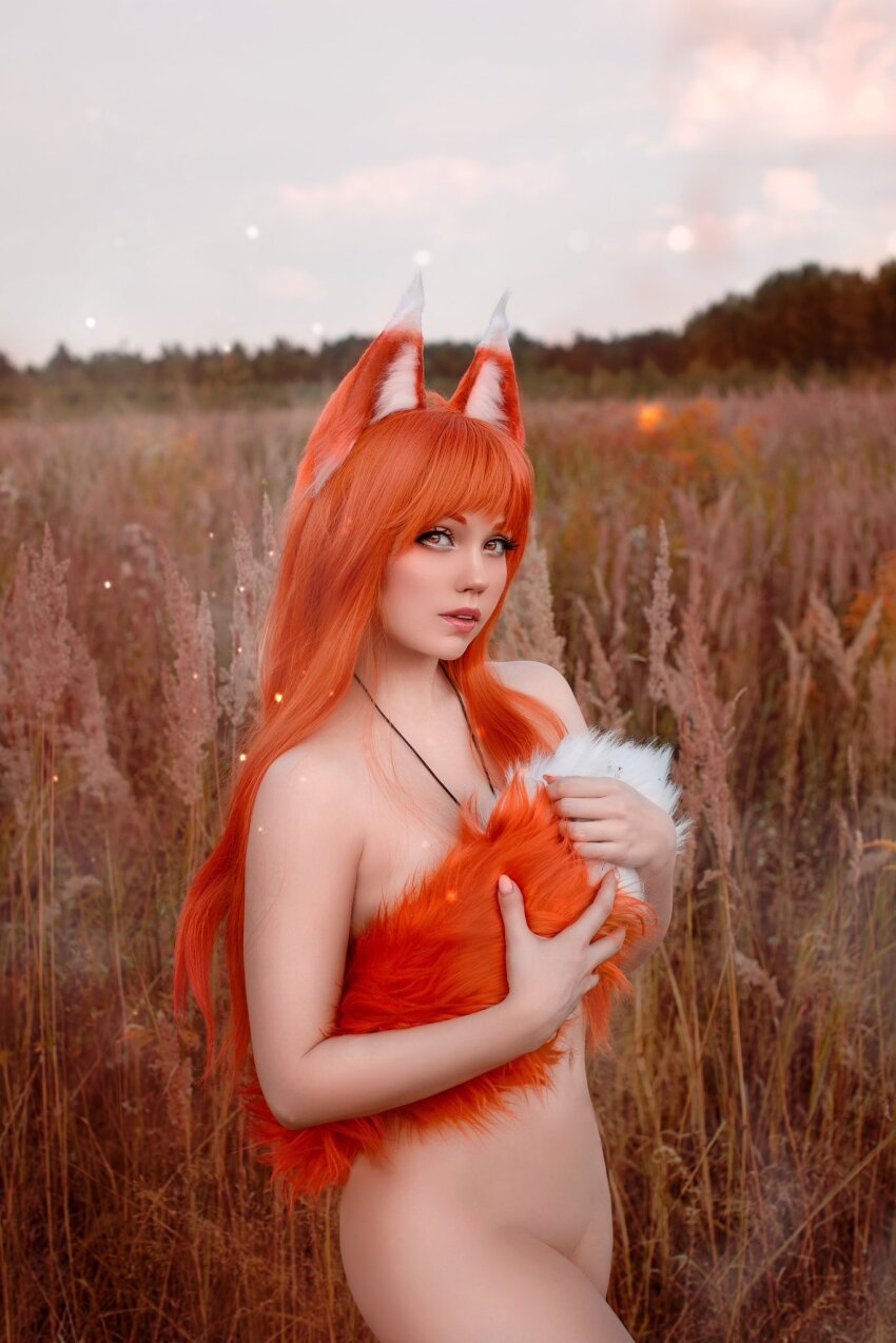 1girl belly_button caticornplay classy_furry cosplay covering covering_breasts female female_only field fox_tail holo nude orange_hair outside solo spice_and_wolf tagme tail wolf_ears