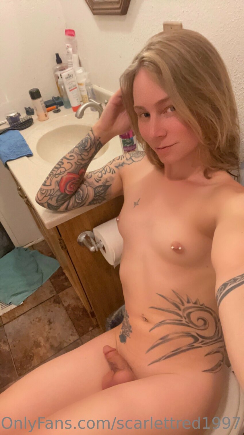 bathroom blonde blonde_hair breasts flaccid long_hair looking_at_viewer nipple_piercing nipples onlyfans penis piercing scarlettred1997 selfie sitting small_breasts smile smiling solo tattoo testicles text transgender trap watermark