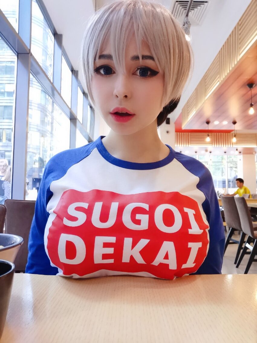 1girl cosplay dark_eyes eyeliner form_fitting indoors large_breasts looking_at_viewer pink_lipstick public short_hair source_request tight_shirt uzaki-chan_wa_asobitai! uzaki_hana white_hair