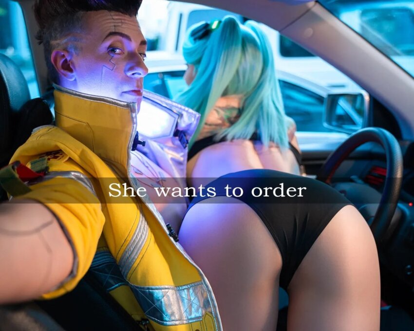 1boy 1girl ass car cosplay cyberpunk_edgerunners david_martinez meme rebecca_(cyberpunk)