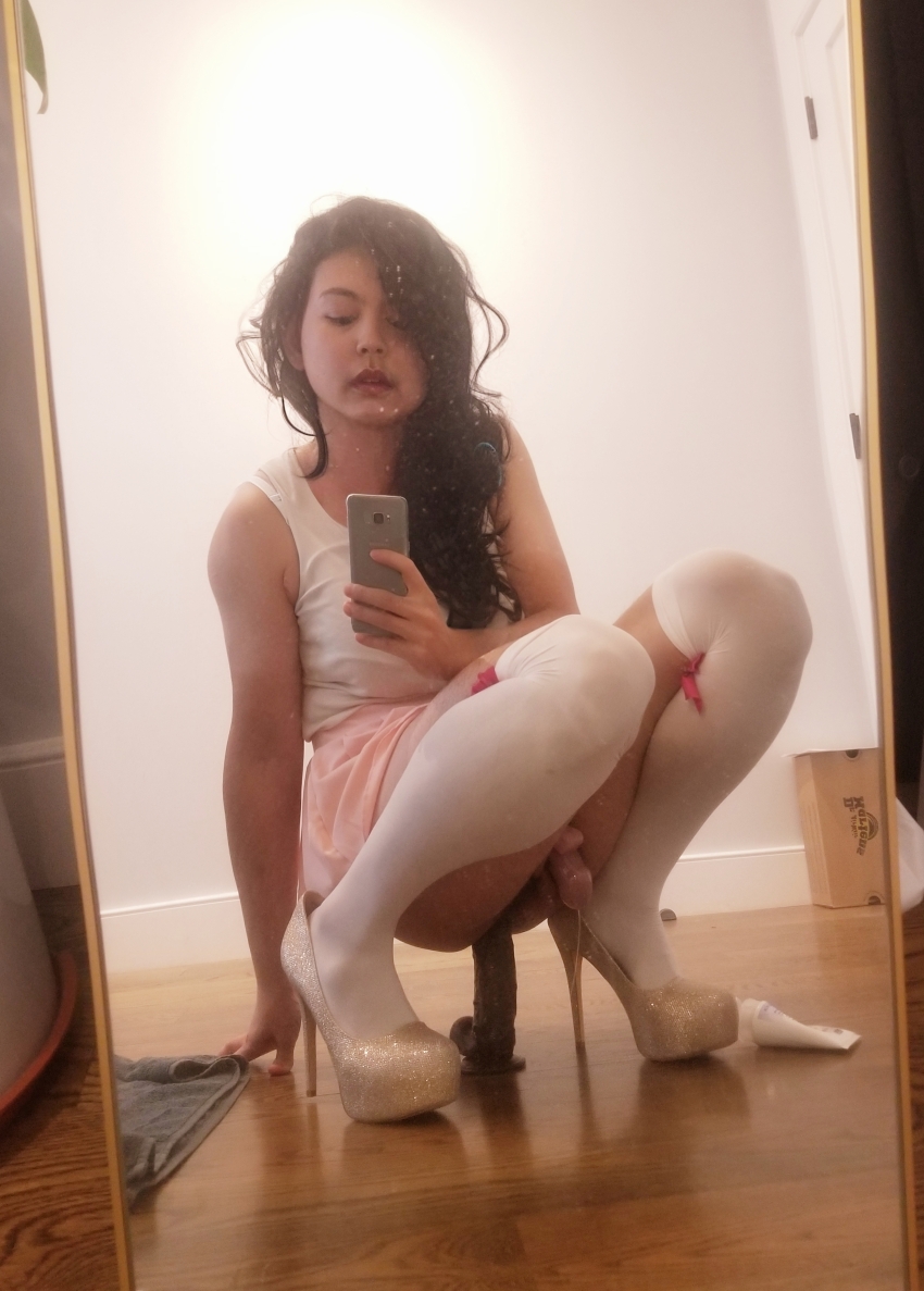 alliemaecd anal chastity_cage crossdresser dildo femboy high_heels masturbation precum selfie shemale sissy solo thighhighs transgender trap wig