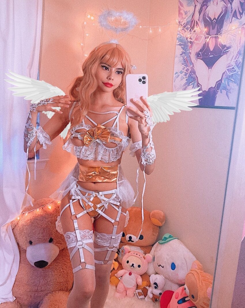 angel_girl blonde_hair cellphone garter_straps halo medium_breasts nekob0icarti pupboicarti selfie wings