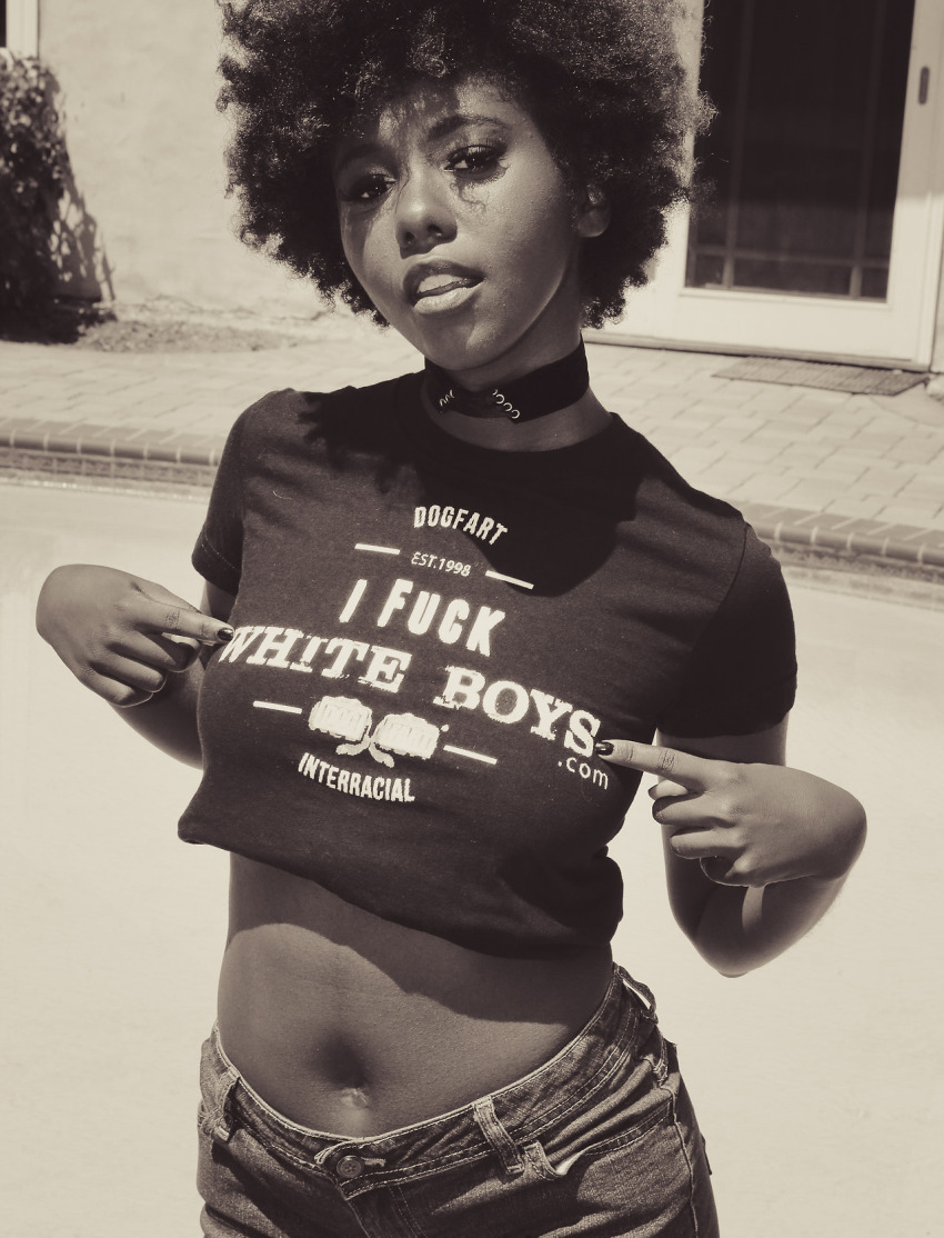 1girl afro black_and_white black_female choker clothes_writing daizy_cooper dark-skinned_female dark_hair dark_skin denim dog_fart ebony exhibitionism female female_only looking_at_viewer midriff nail_polish parted_lips posing solo writing