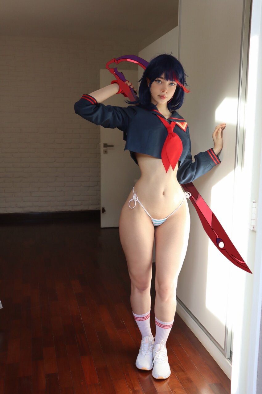 1girl black_hair cosplay cosplay_girl cosplayer dark_hair female female_focus female_only female_solo kill_la_kill legs long_legs matoi_ryuuko meladinha midriff multicolored_hair navel red_gloves red_hair ryuko_matoi short_hair side-tie_panties single_female sneakers solo solo_female striped striped_panties striped_thong stripes