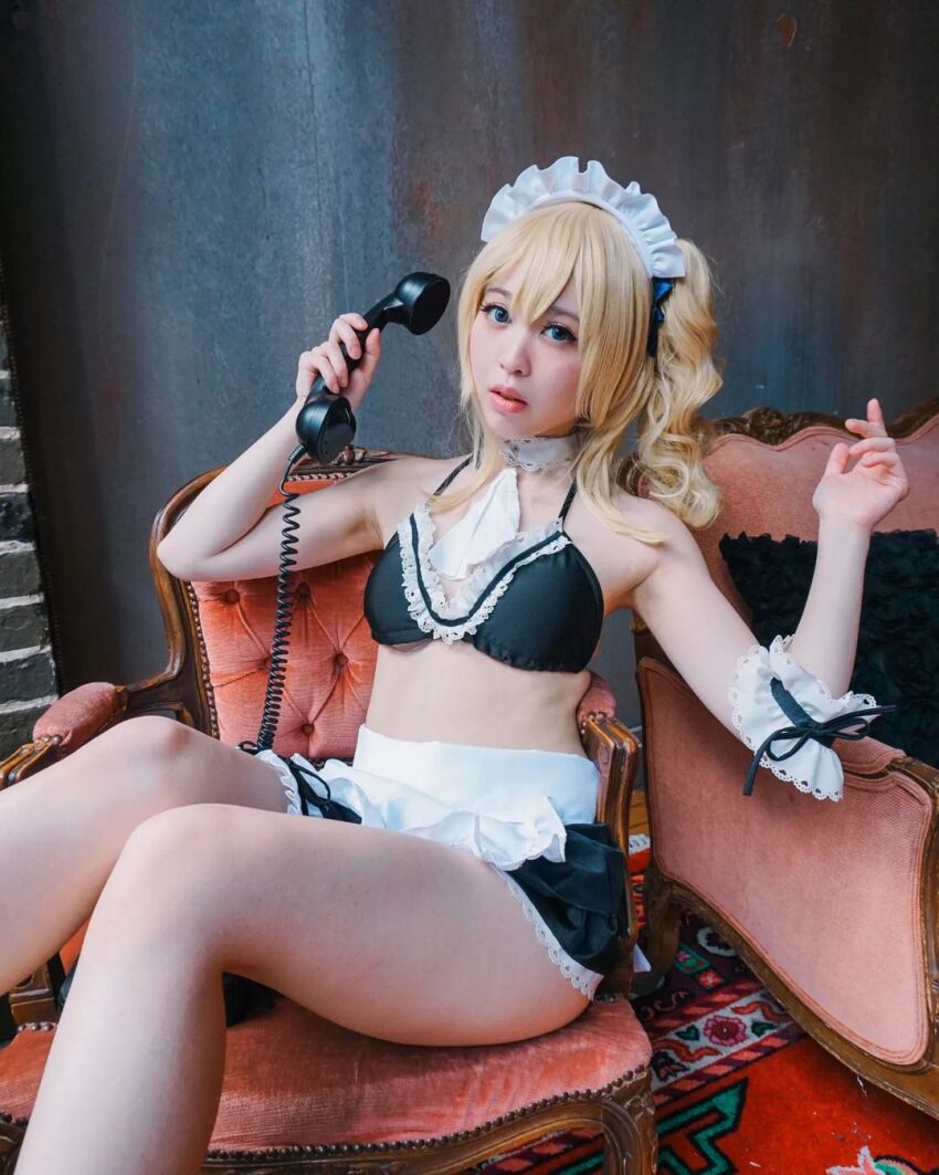 1girl armpits asian bellaxbunbun bikini blonde_hair cosplay hayasaka_ai kaguya-sama_wa_kokurasetai_~tensai-tachi_no_renai_zunousen~ legs maid_bikini maid_headdress sitting solo