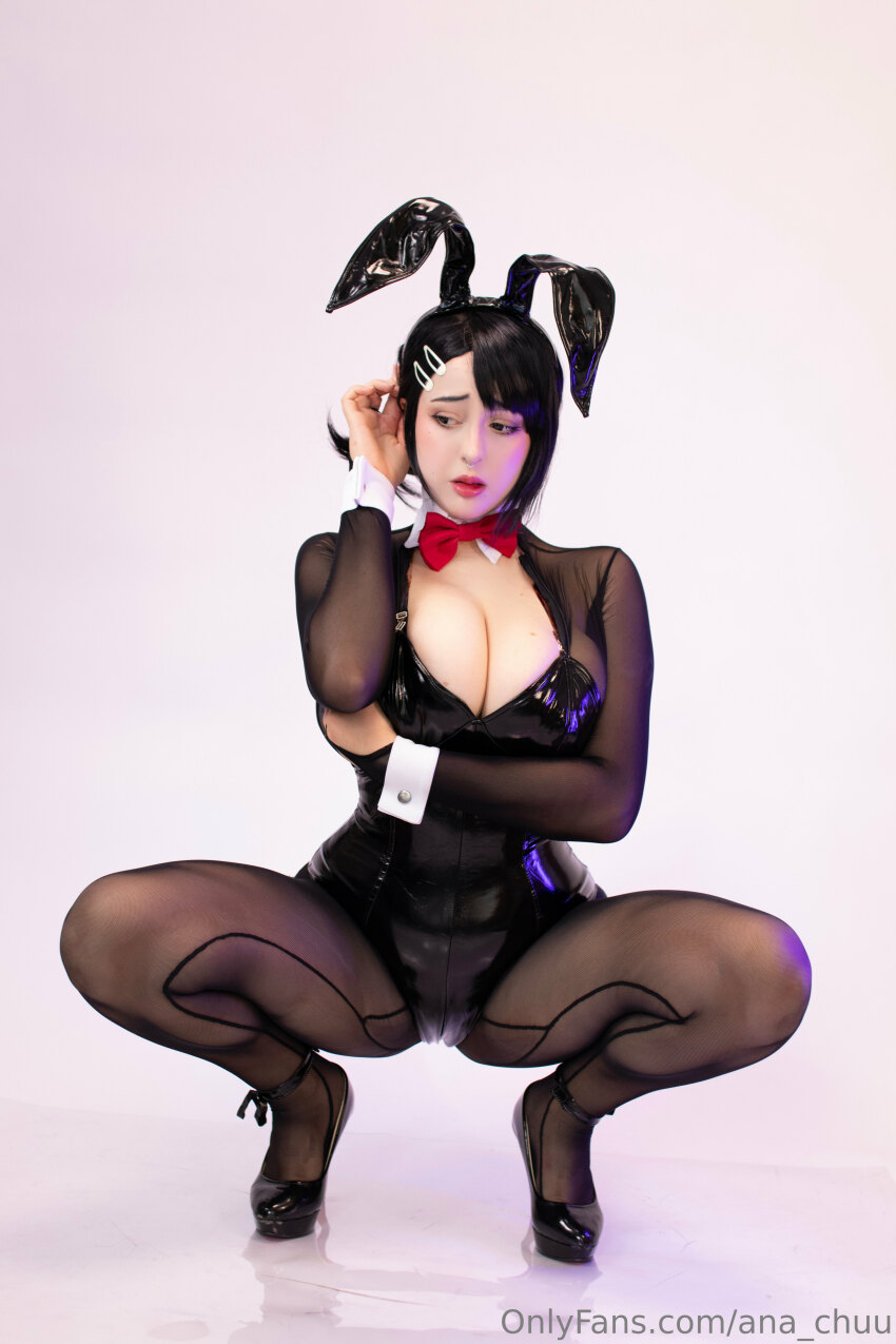 1girl ana_chuu black_hair bunny_ears bunny_girl chainsaw_man cosplay female female_only higashiyama_kobeni kobeni_higashiyama light-skinned_female long_hair looking_at_viewer makeup playboy_bunny solo solo_female teasing