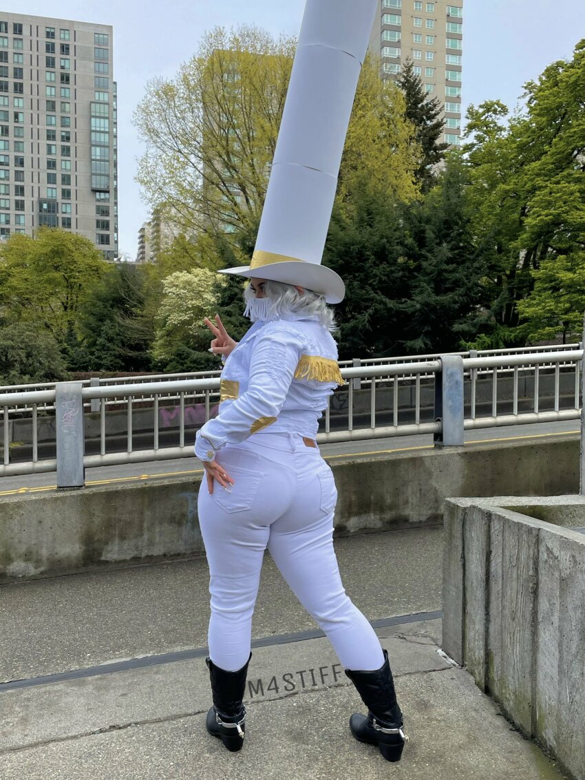 1_female 1_girl 1girl ass big_ass big_butt clothed clothed_female clothes cosplay cosplay1girl cosplay_girl cosplayer curvy doug_dimmadome fairly_oddparents female female_only hand_on_ass hat m4stiff nickelodeon non-nude non_nude nonnude outdoor outdoors outside peace peace_sign public rule_63 solo the_fairly_oddparents white_hair