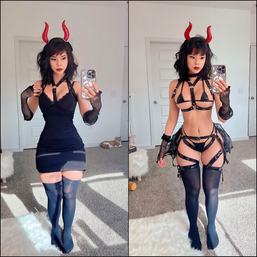 asian bdsm catgirl cute devil_costume leather nekob0icarti tan_skin