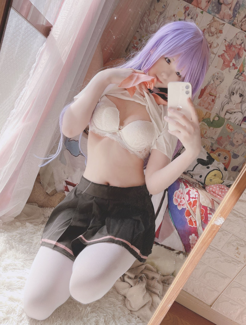 1girl asian azur_lane bra chinese cosplay cute half_clothed miniskirt phone purple_hair selfie shirt_lift smartphone solo stockings unicorn_(azur_lane) xidaidai