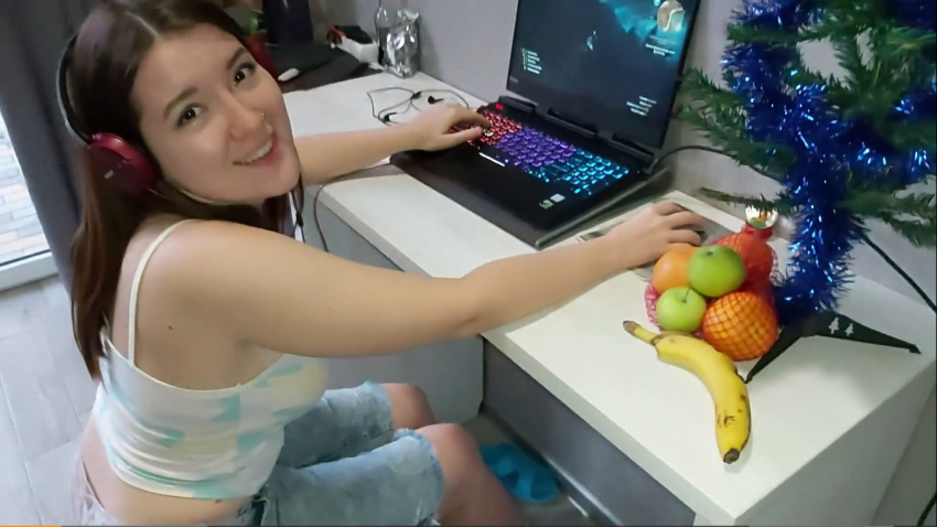 apple asian banana cleavage clothed computer food fruit game gaming groping headphone headphones imminent_sex laptop looking_at_viewer nice_ass nose_ring orange piercing pornhub pov ring smile the_witcher the_witcher_3 video_game waldemaria