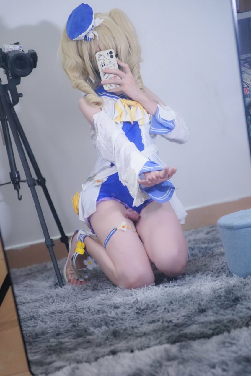 9797san asian barbara_(genshin_impact) chinese cosplay crossdresser cute femboy foreskin genshin_impact kneeling penis small_penis uncircumcised