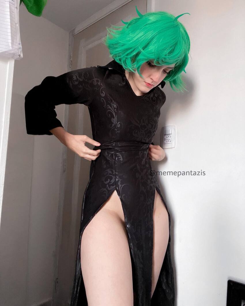 1girl black_dress cosplay female female_only green_hair huge_thighs legs memepantazis no_panties one-punch_man perfect_legs slim_body slim_waist small_breasts small_tits solo tatsumaki thick_thighs thighs