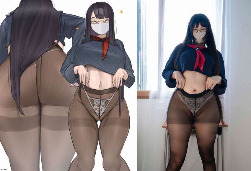 1girl anime asian asian_female comparison ggsonlyxx looking_at_viewer pantyhose school_uniform solo solo_female tease teaser teasing thick_thighs