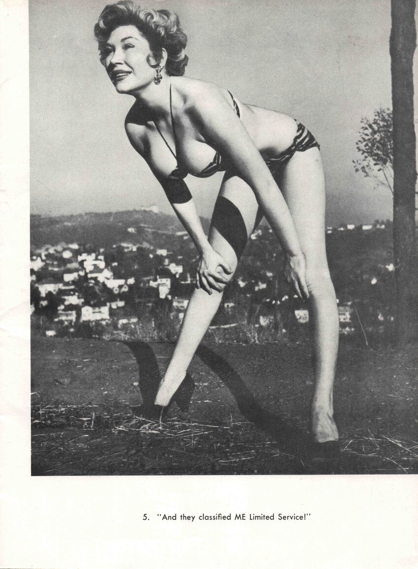 1950s 1girl actress_request bent_over bikini curly_hair english_text full_body greyscale high_heels horizon house large_breasts medium_hair mountain outdoors sky solo tree