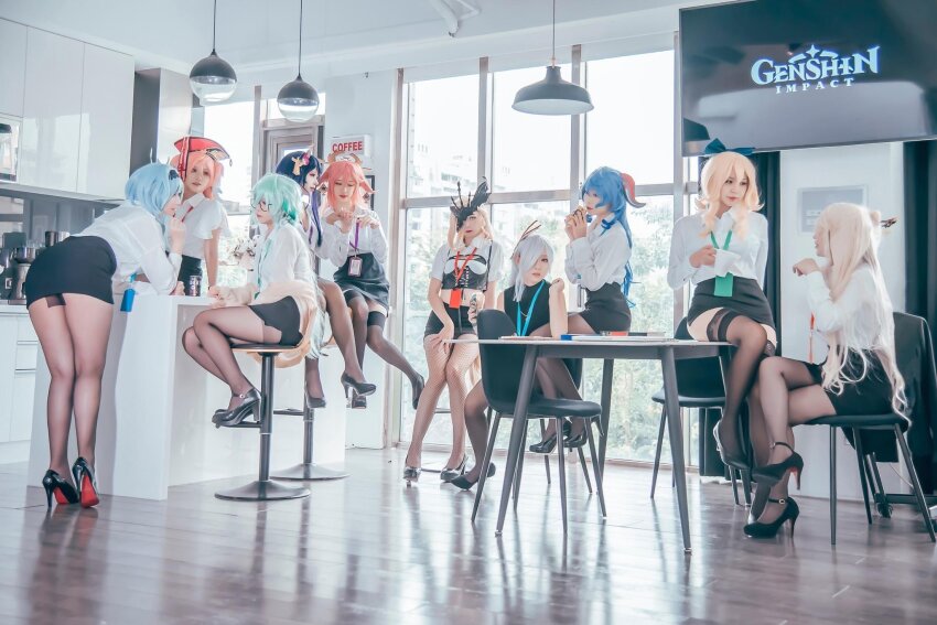 6+girls asian ass bent_over blonde_hair blue_hair cosplay eula_(genshin_impact) ganyu_(genshin_impact) genshin_impact green_hair grey_hair high_heels jean_(genshin_impact) konkon6927 multiple_girls ningguang_(genshin_impact) office_lady pantyhose pink_hair raiden_shogun shenhe_(genshin_impact) signora_(genshin_impact) sitting skirt stockings sucrose_(genshin_impact) taiwanese thighs yae_miko yanfei_(genshin_impact) yy_rui_yy