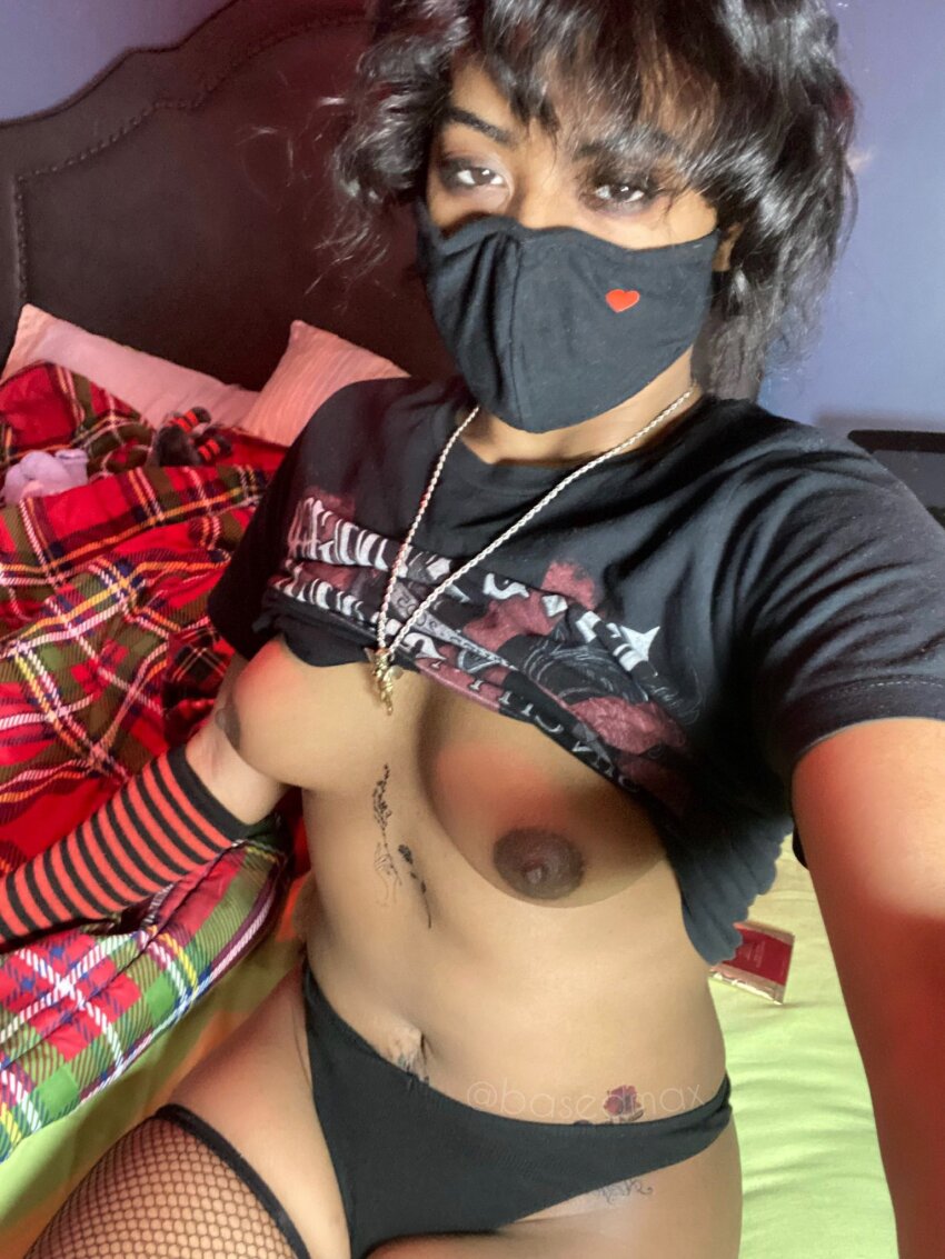 1girl black_hair black_panties blue_eyes breasts dark-skinned_female dark_skin emo goth gothic mask medium_breasts nude panties selfie shirt_lift short_hair solo solo_female tattoo uncensored