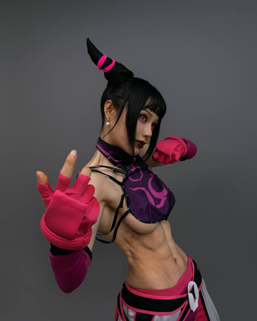 1girl abs asian bangs belt black_hair breasts capcom chinese cosplay earrings fake_breasts female female_only fingerless_gloves gloves grey_background hair_horns halterneck instagram juri_han large_breasts lipstick midriff muscle muscular_female navel pants posing red_lipstick sideboob sidelocks simple_background solo street_fighter underboob upper_body yuan_herong