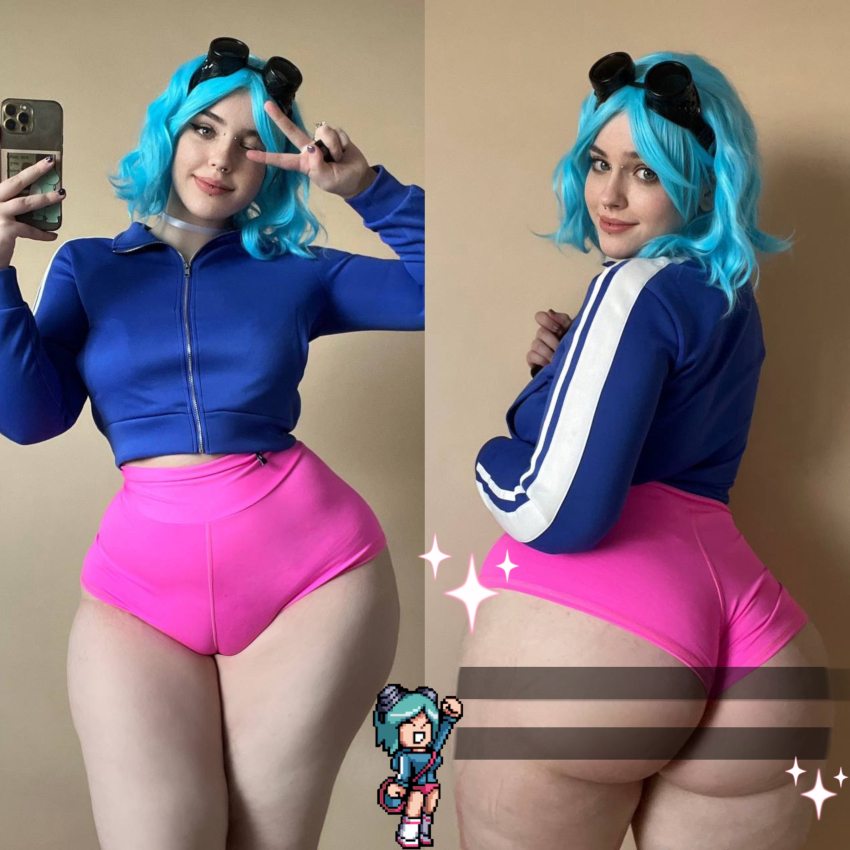 1girl ass big_ass cameltoe cosplay from_behind goggles huge_ass leti_mesa ramona_flowers scott_pilgrim_vs._the_world smartphone smooth_skin soft_skin thick_thighs thighs thighs_together underwear wig