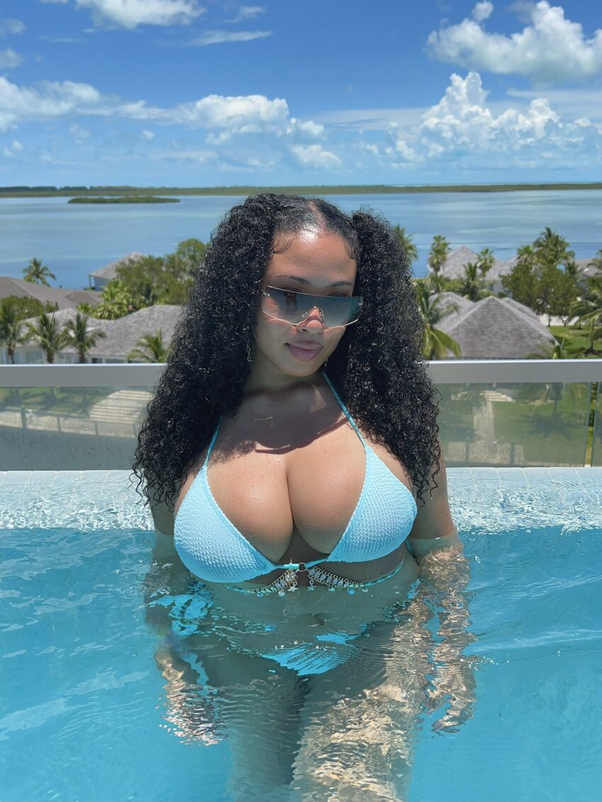 1girl bikini black black_female black_hair breasts clothed clothed_female curly_hair danielle_ramona dark-skinned_female dark_skin female female_focus female_only female_solo medium_breasts pool sitting solo solo_female solo_focus sunglasses water