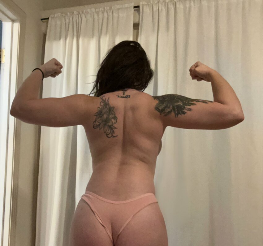 angel_0f_deathx ass biceps brown_hair feminine flexing genderfluid looking_away muscle muscular muscular_back nonbinary panties solo sourced tattoo topless