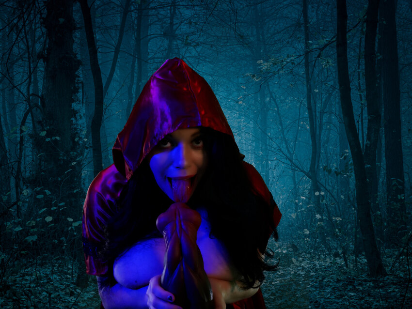 1girl breasts breasts_out clothed clothed_female cosplay dildo female female_focus female_only female_solo itslovelylilith large_breasts licking little_red_riding_hood nipples solo solo_female solo_focus tongue tongue_out