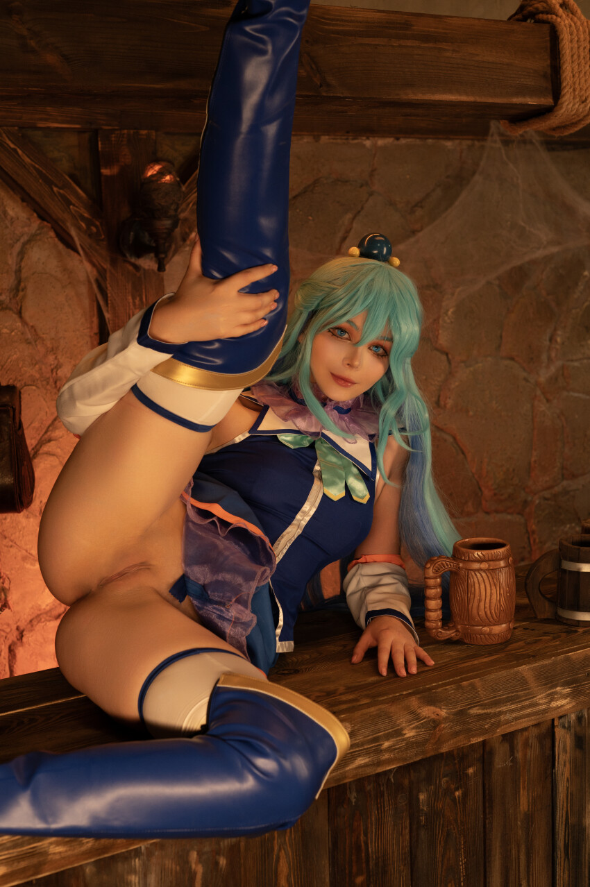 aqua_(konosuba) blue_hair coinslot_pussy cosplay kono_subarashii_sekai_ni_shukufuku_wo! lifting_leg pussy shaved_pussy tsukides