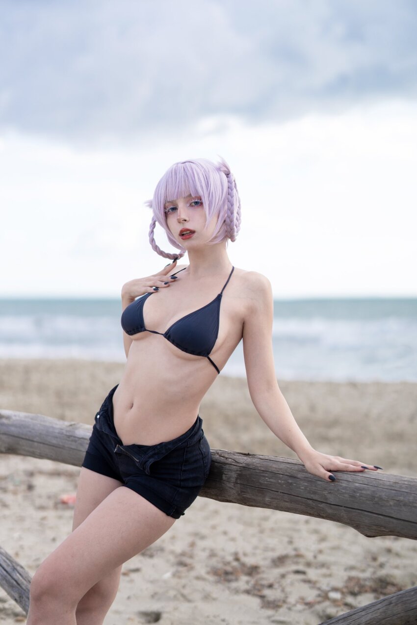 1girl beach bikini black_bikini call_of_the_night cosplay highres himeecosplay nanakusa_nazuna outside pink_hair shorts solo swimsuit