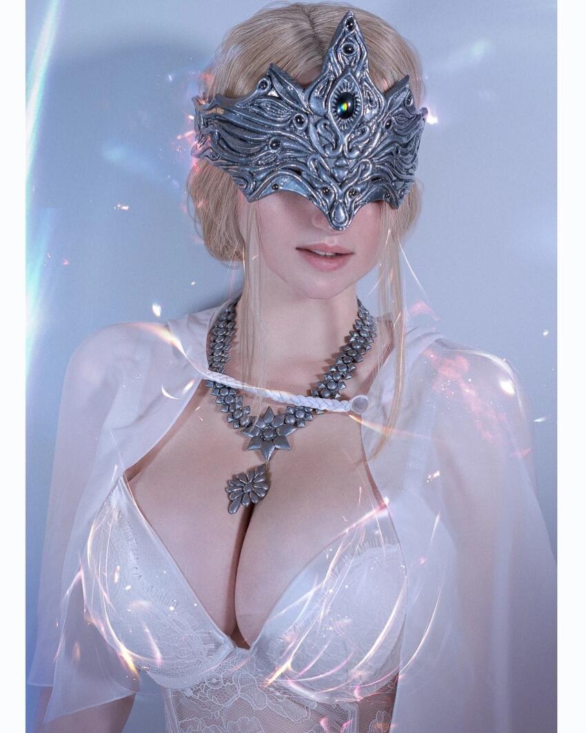 blonde_hair claire_sea cleavage corset cosplay dark_souls female large_breasts mask