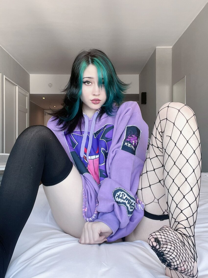 1girl bed bedroom clothed clothed_female covering covering_crotch dyed_hair emo fishnets goth groin hoodie joracekujo looking_at_the_viewer looking_at_viewer non_nude pale pale-skinned_female pale_skin photo solo solo_female solo_focus sourced spread_legs thighhighs twitter