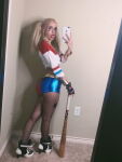 1girl ass baseball_bat blonde_hair cosplay dat_ass dc dyed_hair female female_only fishnets harley_quinn high_heels iphone looking_at_viewer midriff open_mouth pigtails selfie solo tattoo white rating:Explicit score:7 user:tunamelt