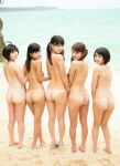 5girls asian ass back beach cute dat_ass female female_only looking_at_viewer looking_back multiple_girls nude outdoors photo sandals sea standing take_your_pick tanline tied_hair twintails rating:Explicit score:50 user:bot