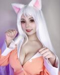 1girl black_hanekawa cat_ears catocat cleavage cosplay female hanekawa_tsubasa large_breasts latina monogatari_(series) solo white_hair rating:Explicit score:31 user:mipaloote