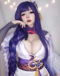 1girl astrydmorne braided_ponytail cleavage cosplay female genshin_impact huge_breasts latina purple_hair raiden_shogun tagme rating:Explicit score:58 user:mipaloote