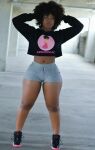 1girl ass big_ass black curvy dat_ass ebony female female_only hourglass_figure huge_ass looking_at_viewer midriff short_shorts solo thick_thighs tight_clothes voluptuous wide_hips rating:Explicit score:27 user:tunamelt