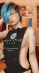 1girl blue_hair breasts cute dejectedwraith gathealien glasses looking_at_viewer parted_lips partially_clothed piercing septum_piercing sideboob sitting tattoo white rating:Explicit score:62 user:tomboyfemboy