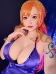 1girl asian asian_female bangles big_breasts brown_eyes busty cleavage cosplay dress hana_bunny huge_breasts light-skinned_female light_skin long_hair looking_at_viewer nami_(one_piece) one_piece orange_hair purple_dress selfie solo solo_female tattoo_on_shoulder wedding_ring white_female rating:Questionable score:32 user:Joey_B_Good