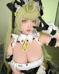 1girl asian chinese cleavage cosplay goddess_of_victory:_nikke green_hair huge_breasts maid soda_(nikke) solo takomayuyi v rating:Explicit score:26 user:mipaloote