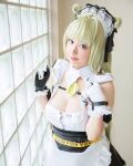 1girl asian asian_female blonde_hair cleavage cosplay female goddess_of_victory:_nikke large_breasts light-skinned_female light_skin maid maid_headdress maid_uniform purple_eyes soda_(nikke) solo rating:Explicit score:8 user:mipaloote