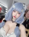 1girl asian blue_hair chinese cleavage cosplay erokochiba female girls'_frontline hk416_(girls'_frontline) huge_breasts necklace solo rating:Explicit score:12 user:mipaloote