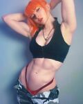 1girl abs biceps camouflage_print cleavage female jenna_lynn_meowri long_hair looking_at_viewer muscular_female navel necklace orange_hair panties thong rating:Explicit score:63 user:pepparony