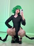 compressed_legs cosplay dress green_hair heels mirror_selfie partially_clothed pelvic_curtain pouting ravvcoser selfie side_slit solo_female squatting tatsumaki thighs watermark wig rating:Explicit score:36 user:breebutol