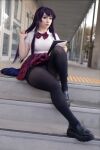 1girl cosplay female komi-san_wa_komyushou_desu komi_shouko mirikashi outside pantyhose purple_hair school_uniform schoolgirl sitting solo thick_thighs rating:Explicit score:43 user:mipaloote