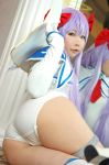 asian ass breasts cosplay female gloves high_heels leotard long_hair looking_back mirror necktie purple_hair shoes solo twintails wings rating:Questionable score:3 user:RB
