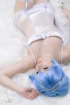 1girl blue_hair breasts cleavage cosplay female female_only lingerie long_fingernails negligee neon_genesis_evangelion pale pearl_necklace rei_ayanami solo solo_female stockings suspenders teddy_bear youronlydoll rating:Explicit score:7 user:bot