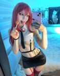 1girl ahegao astasiadream_(astasiangel) astasiangel black_skirt cellphone chainsaw_man cosplay highres long_hair makima makima_(chainsaw_man) miniskirt phone real_life red_hair selfie skirt solo