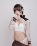 asian blunt_bangs brunette navel seductive shirt_lift short_hair tomboy underwear